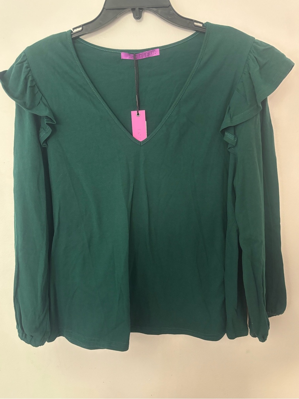 Jac Parker Quinn Emerald Green Ruffle Puff Sleeve Top Size L NWT